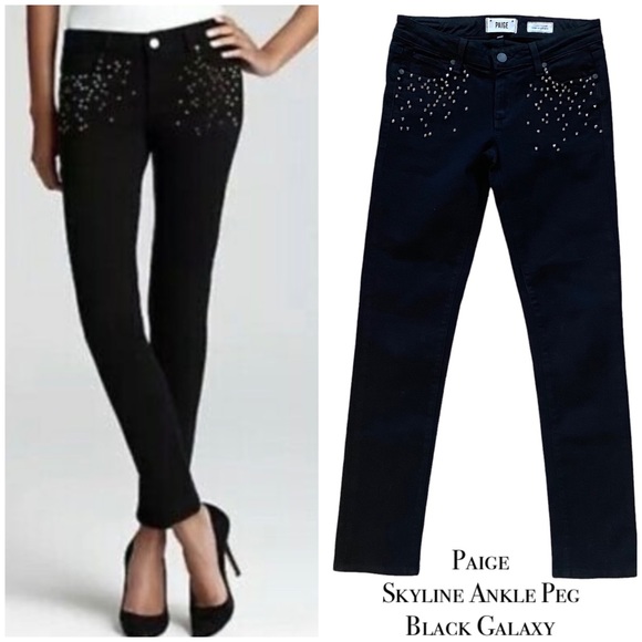 PAIGE Skyline Ankle Peg Jeans in Black Galaxy with Silver Studs Size 27 - Picture 4 of 9
